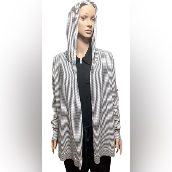 LOFT Womens Cardigan Size M knit  Striped Hooded Sweater Black White Casual - Picture 1 of 6